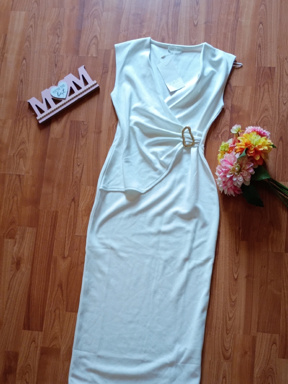 Zara Cream Sleeveless Wrap-Style Maxi Dress with Buckle
